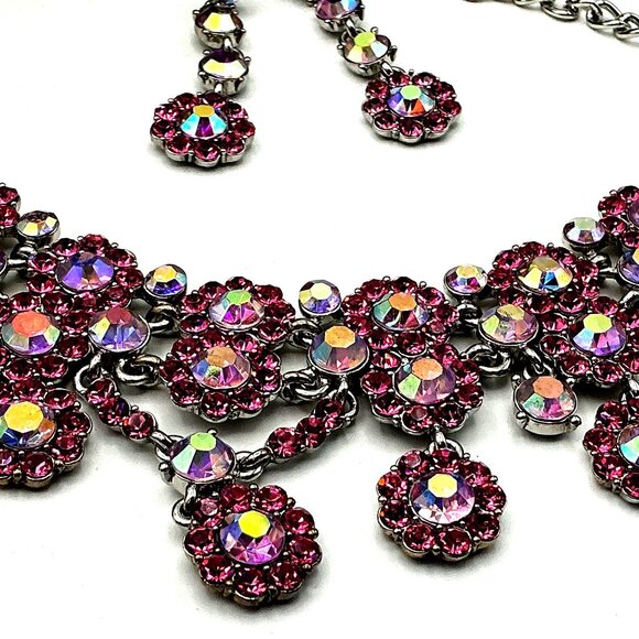Pink Rhinestone Statement Necklace & Dangle Earrings Set - Picture 5 of 7